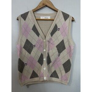 Alexa Stirling Pink Tan Argyle Sweater Vest L Button Preppy Old Money Golf